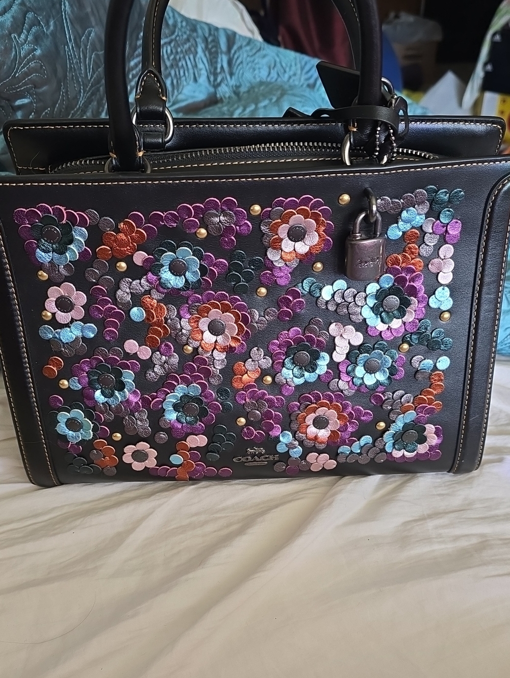 Coach Rogue 25 Floral Sequin-Embellished Leather Satchel - Black